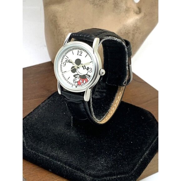 Disney Women's Watch Mickey Mouse Silver Dial Quartz Black Leather Band 27mm - Picture 2 of 13